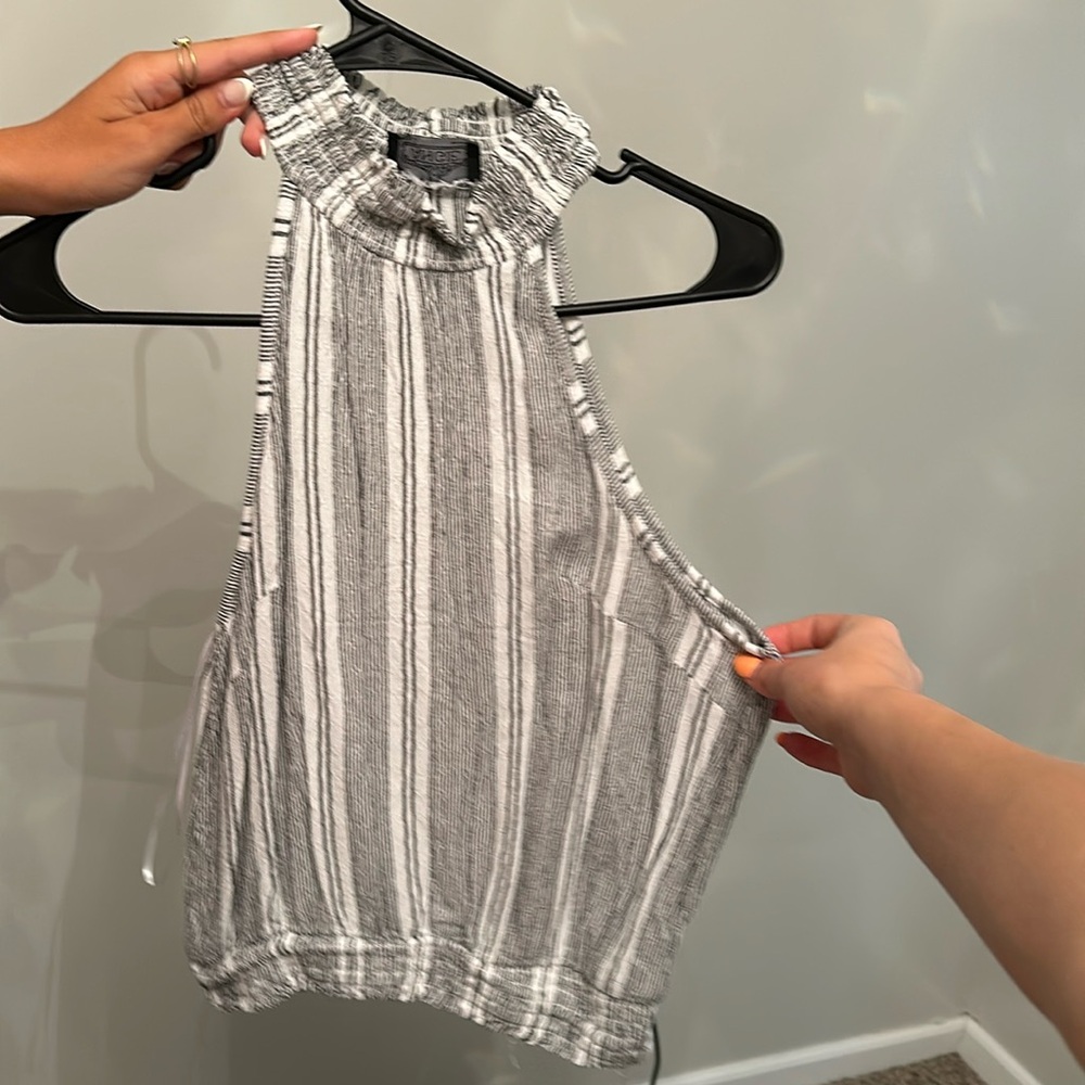Small, white and black striped, tank top, halter neck